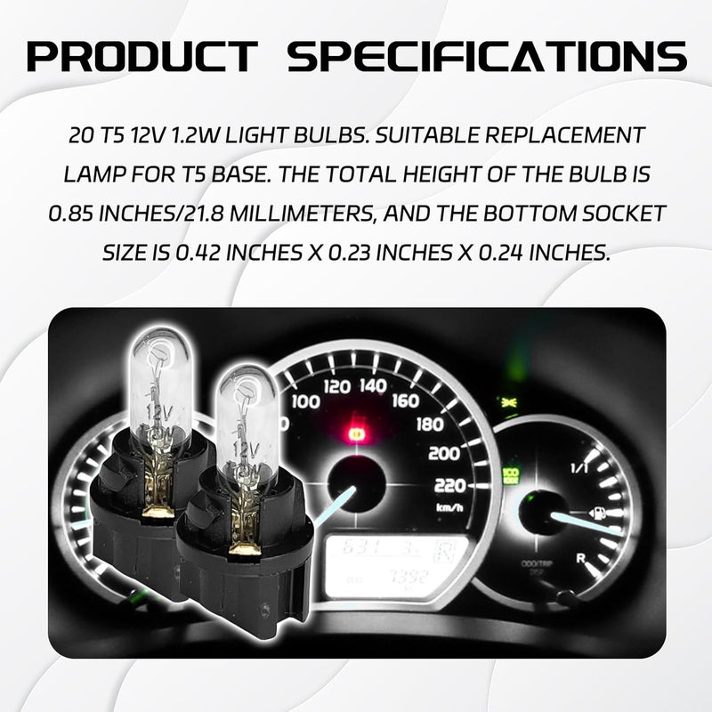 QQWD 20 قطعة T5 17 57 86 مصابيح هالوجين لمجموعة العدادات، 12 فولت ضوء لوحة القيادة لداخل السيارة، مصابيح بديلة لمجموعة العدادات مع مقابس T5، ملحقات إضاءة عالمية (أبيض) - Image 3